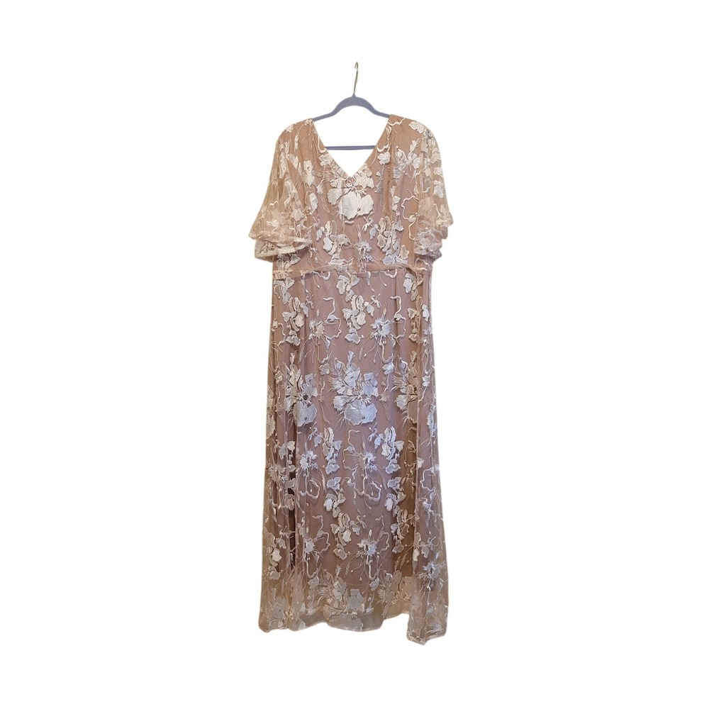 Flycurvy Women Pink White Floral Lace Maxi Dress V-Neck Flutter Sleeve 3XL NWT